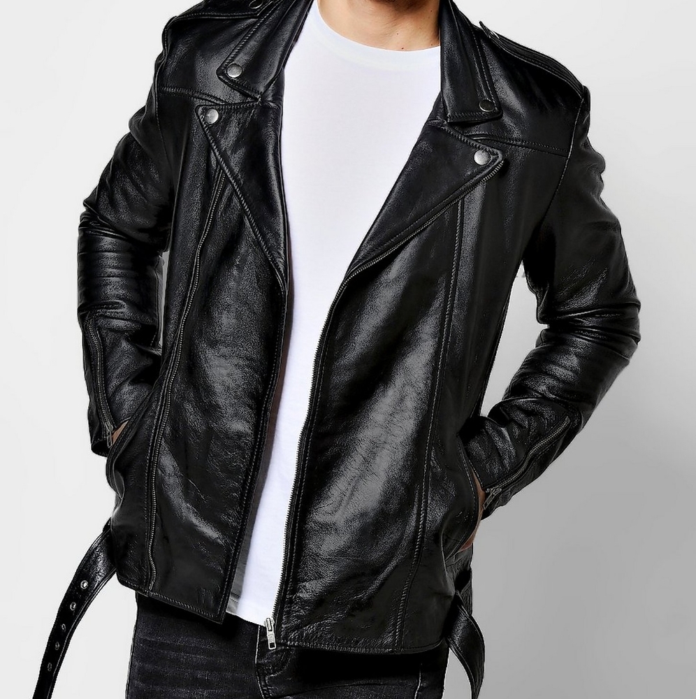 WANTED BoohooMan Black Real Leather Biker Jacket
